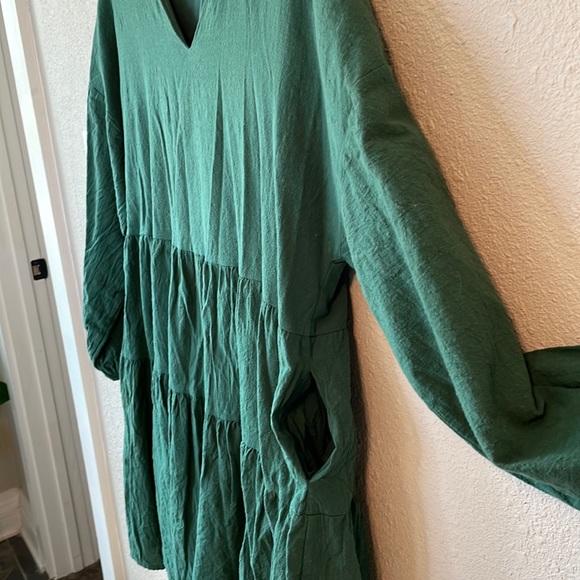 3/4 Sleeve Green Babydoll V Neck Tiered Dress - Picture 3 of 5